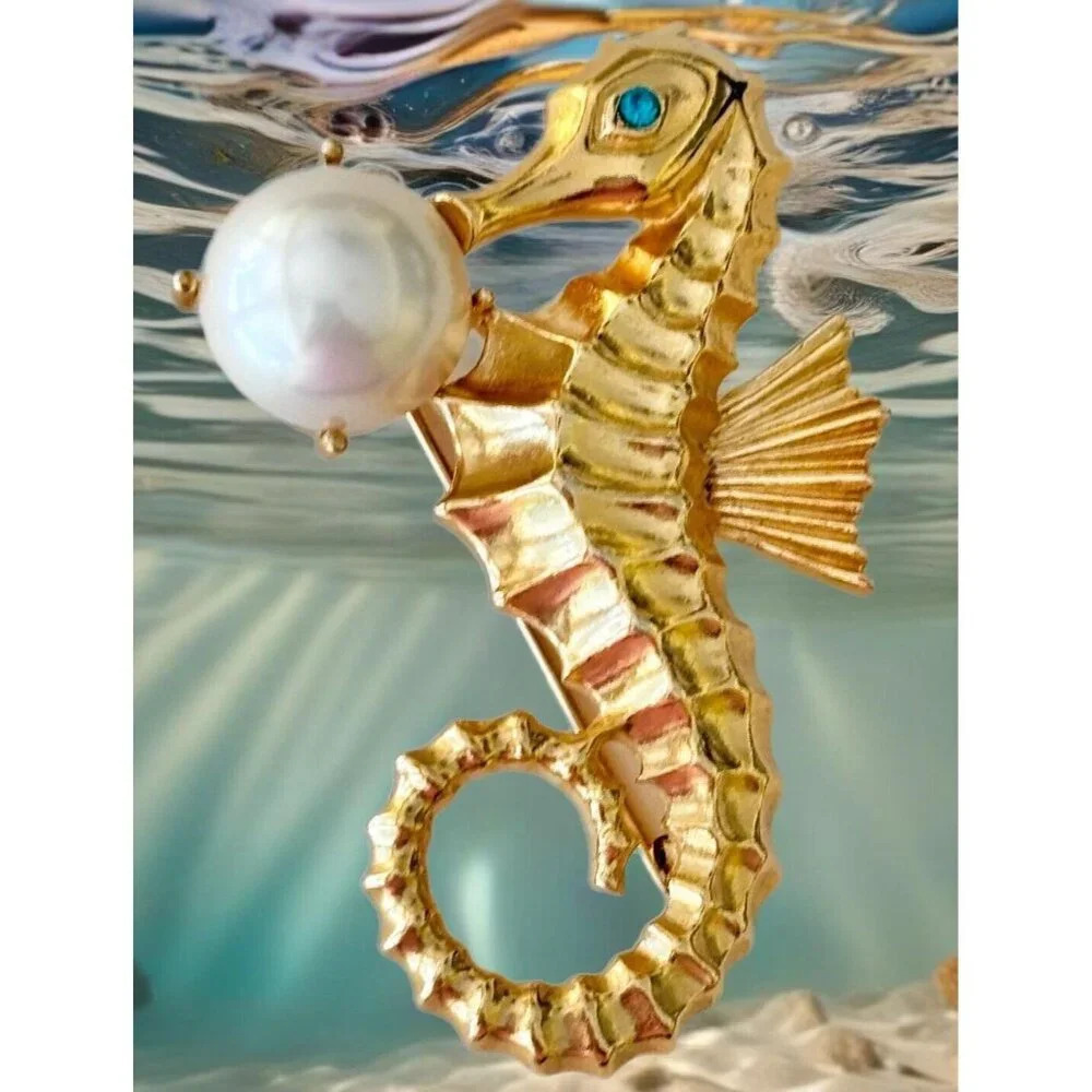 Vintage Figural Crown Trifari Seahorse Brooch w/Faux Pearl "Bubble"! Excellent